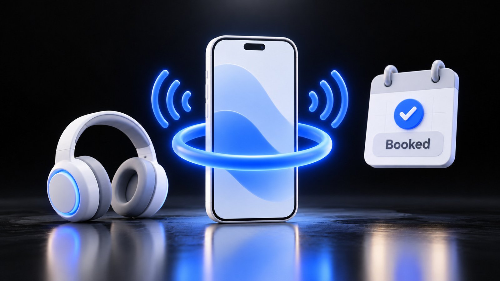 AI receptionist for small business: a glowing phone answering a call next to a headset and a booked calendar