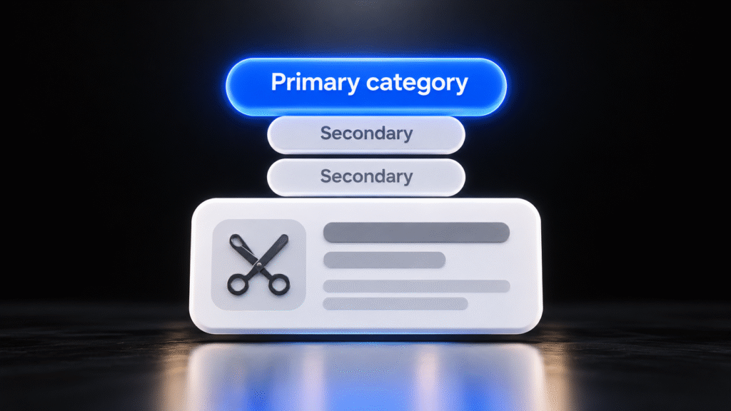 Glossy 3D hair salon profile card with a glowing blue primary category pill above two grey secondary category pills, a key step in google business profile optimization