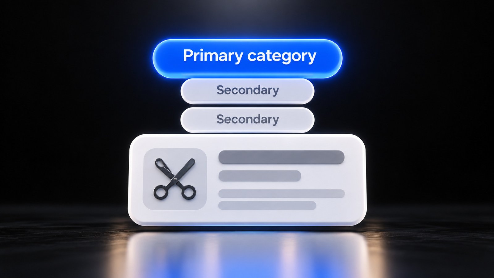 Glossy 3D hair salon profile card with a glowing blue primary category pill above two grey secondary category pills, a key step in google business profile optimization