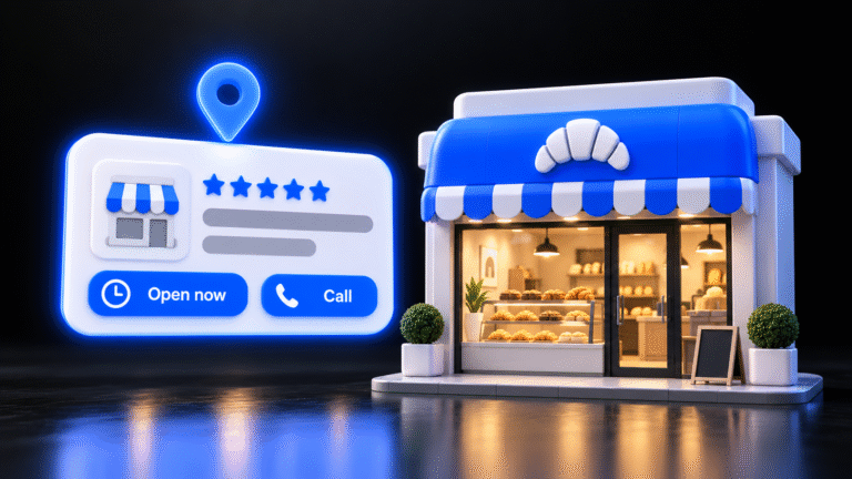 Glossy 3D bakery storefront beside a glowing Google Business Profile card with five stars, Open now and Call buttons, illustrating google business profile optimization