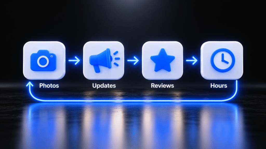 Glossy 3D weekly routine of four tiles for photos, updates, reviews and hours connected by blue arrows in a loop