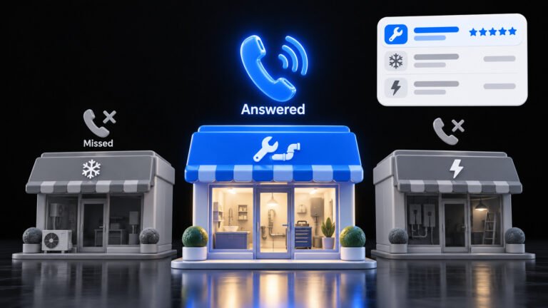 Glossy 3D row of home service shops where the plumber answers the call, illustrating google local services ads missed call charges