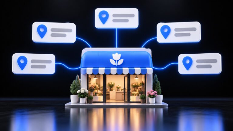 Local business listing management: a florist storefront connected to its listings across directories