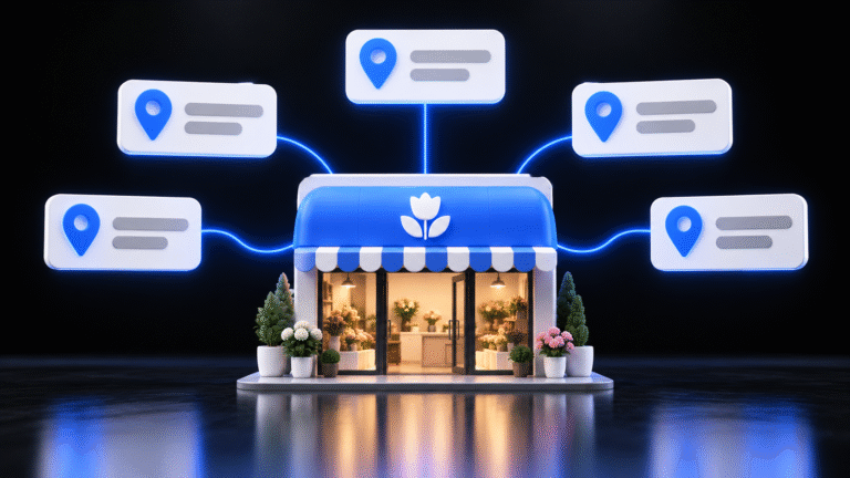 Local business listing management: a florist storefront connected to its listings across directories