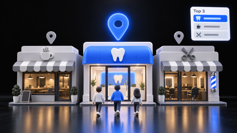Glossy 3D scene of a dental office between a cafe and a barbershop with the highest map pin and a Top 3 card, illustrating local seo ranking factors