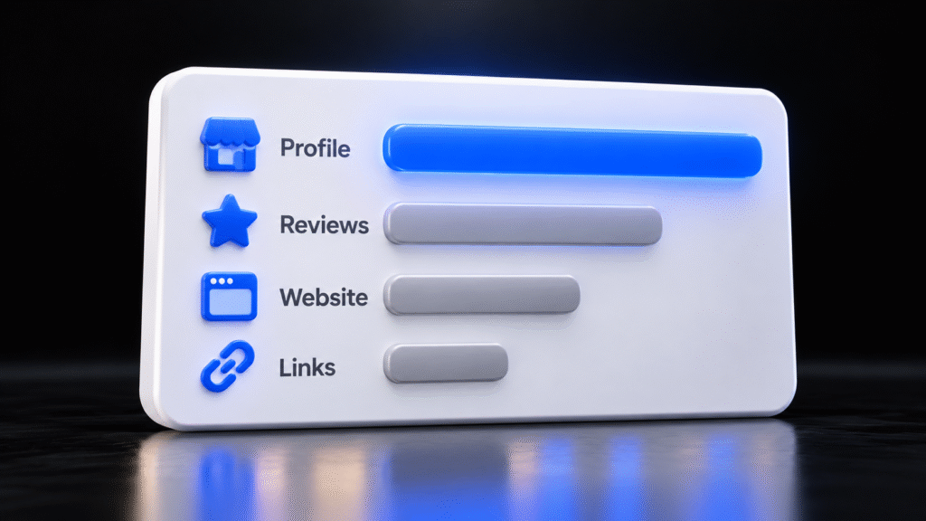 Glossy 3D bar chart of local seo ranking factors with Google Business Profile as the longest bar, followed by reviews, website and links