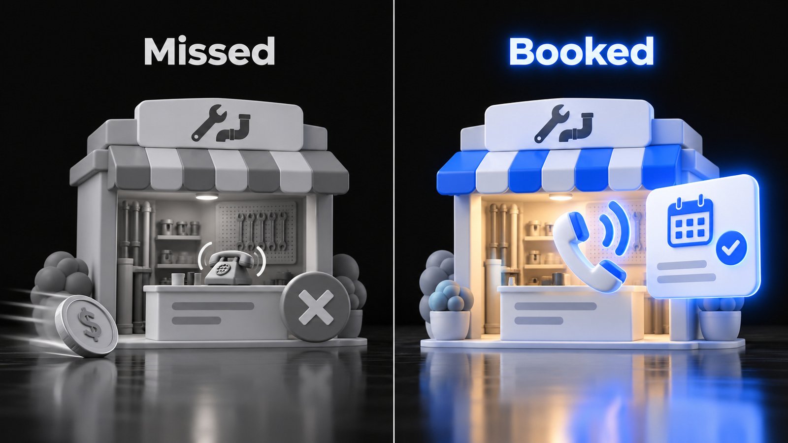 Glossy 3D before and after of a plumbing shop, a grey missed call that is charged and lost on the left, an electric blue answered call that becomes a booked job on the right