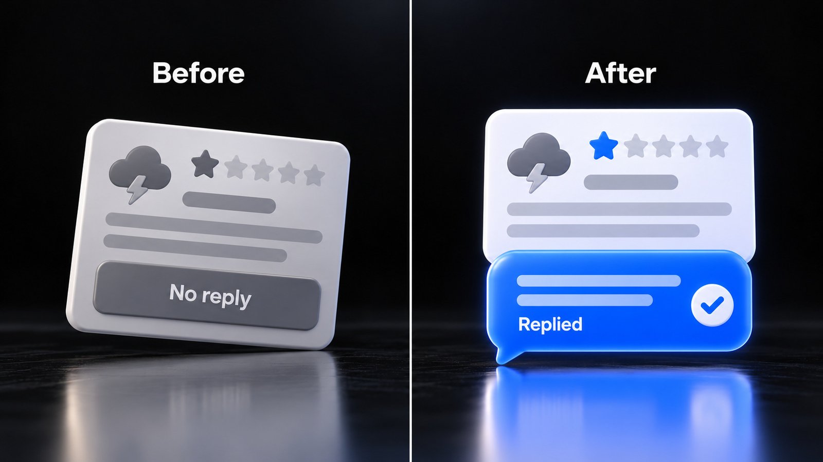 A negative Google review left unanswered versus the same review with a calm, helpful owner reply