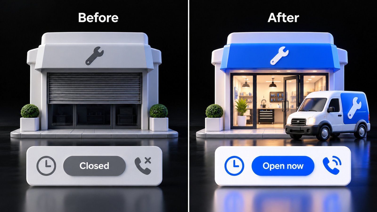 Glossy 3D before and after of a plumbing shop, closed with missed calls on the left and open now with a ringing phone on the right
