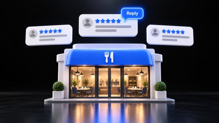 How to respond to Google reviews: a restaurant owner replying to a five star review on a glowing phone