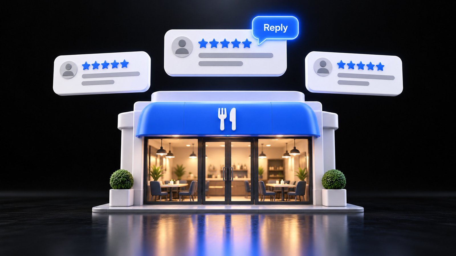 How to respond to Google reviews: a restaurant owner replying to a five star review on a glowing phone